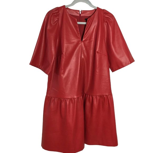 Ann Taylor 8 Red Faux Leather Drop Waist Peplum Shift Dress - Picture 4 of 8